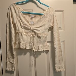 New Cream Long Sleeve Top With Lace Embelishment & Tie